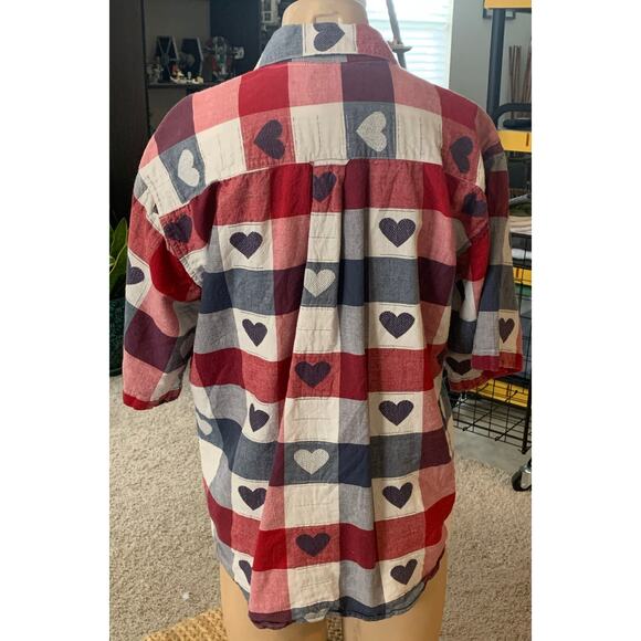 Vintage 80's woven plaid heart button up top sz L - Picture 2 of 4
